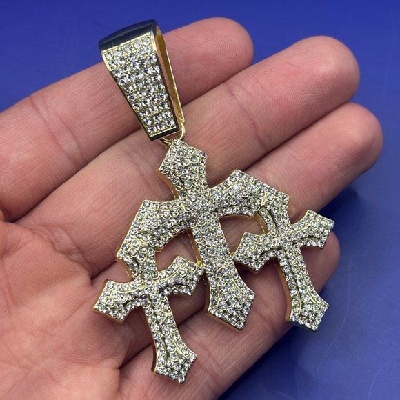 Big gold plated iced out triple cross pendant 3A CZ no chain included jewelry - Picture 1 of 3